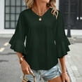 thumbnail image 3 of Dark Green Textured Fabric Women's V-Neck Blouse With 3/4 Ruffled Bell Sleeves Casual Top Ladies Blouses, 3 of 7