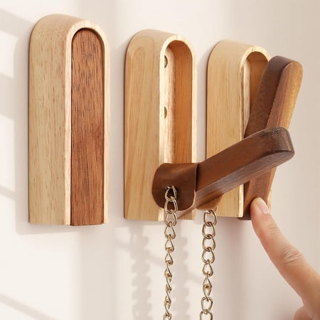 LASJPOB-Modern Folding Wall Hooks: Wooden Coat Hooks 3 Pack for Small Space Entryway Behind Doors - Mid Century Decorative Hanger for Hanging Towels Backpacks Bag Hats (Walnut Wood & Rubberwood)