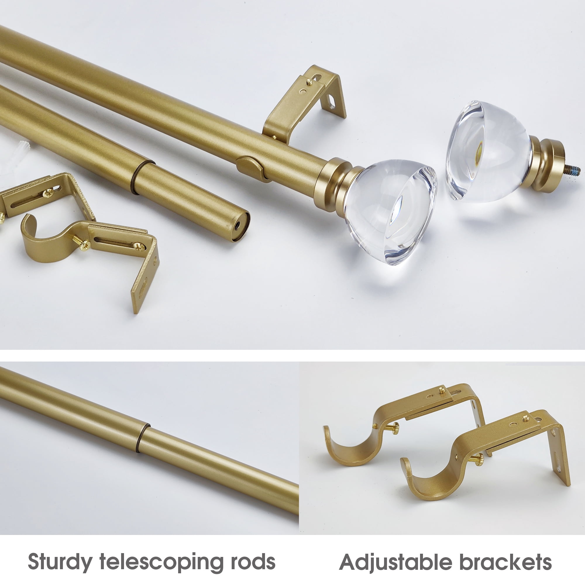 SKYPLUS LIVING 1 inch Window Curtain Rod with Acrylic Finials Set, Adjustable 72-144 in,Gold
