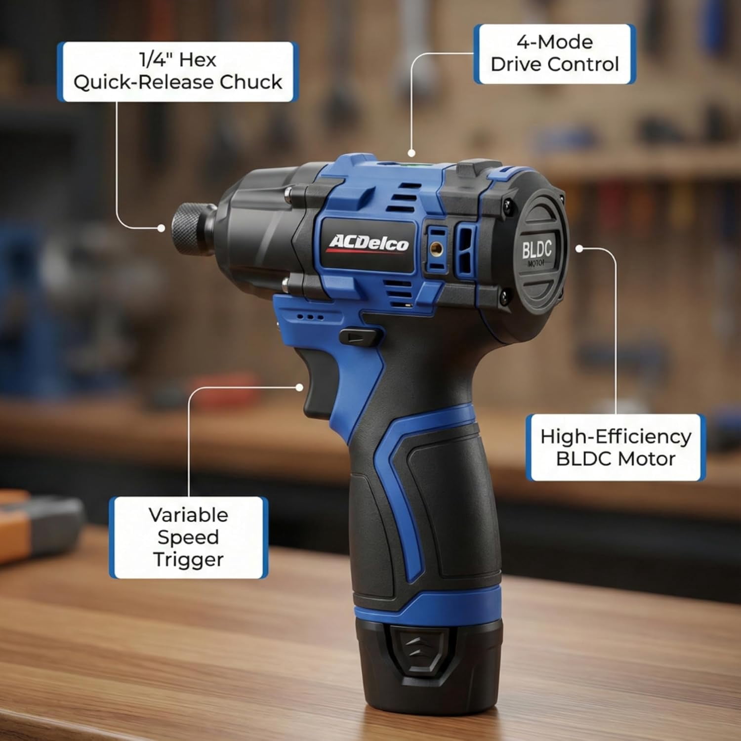 ACDelco G12 Series 12V Brushless 1/4 inch Hex Impact Driver 125 ft-lbs 170 Nm Max Torque 3600 RPM 4-Mode Intelligent Control 5-inch Compact Body Bare Tool Only ARI12185T