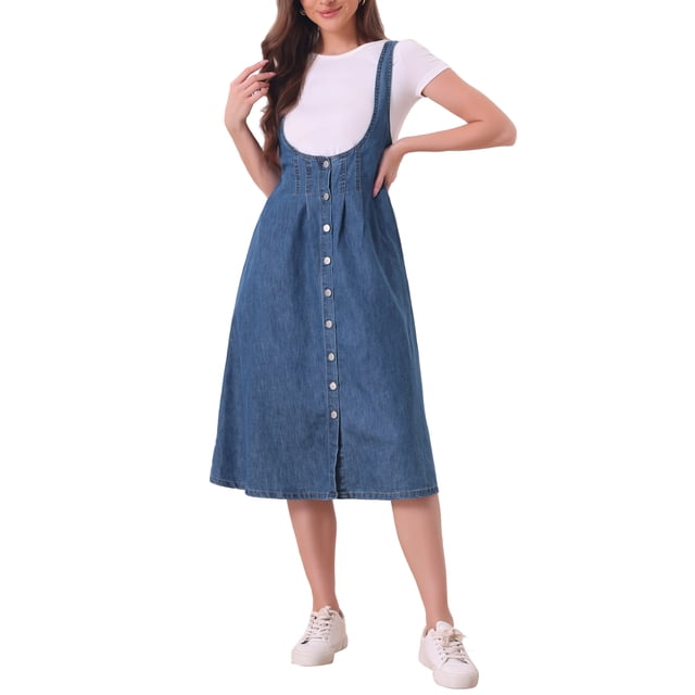 Vestido con tirantes INSPIRE CHIC para mujer, vestido midi de mezclilla con botones en la parte delantera y cuello en U, con bolsillos, talla XS, color azul