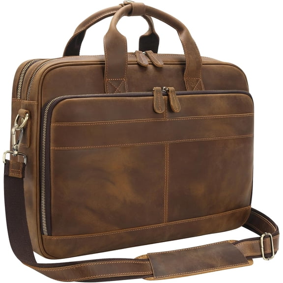 Full Grain Leather Briefcase for Men, Business Messenger Bag Laptop Bag Attache Case, Fits 15.6 Inch Laptop