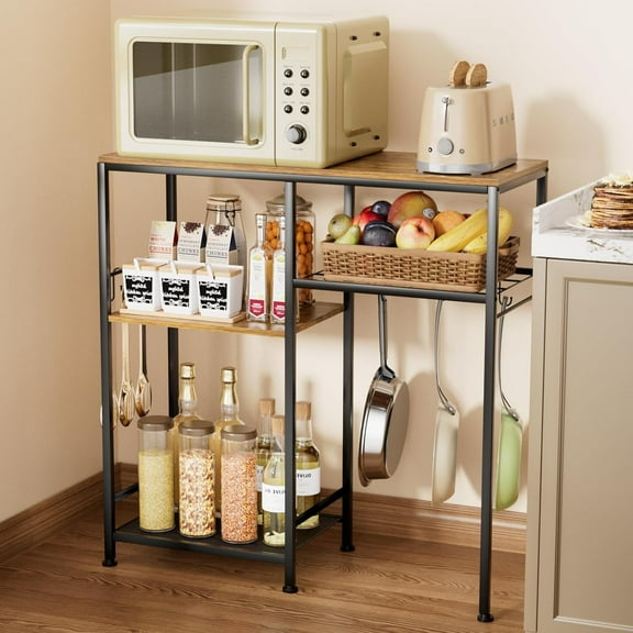 Microwave Stand with Storage, 5 Tier Coffee Bar Cabinet, Pan Organizer with 6 Hooks and 3 Shelves, Bakers Rack for Shovel, Pots, Fruits, Vegetables, Brown&Black