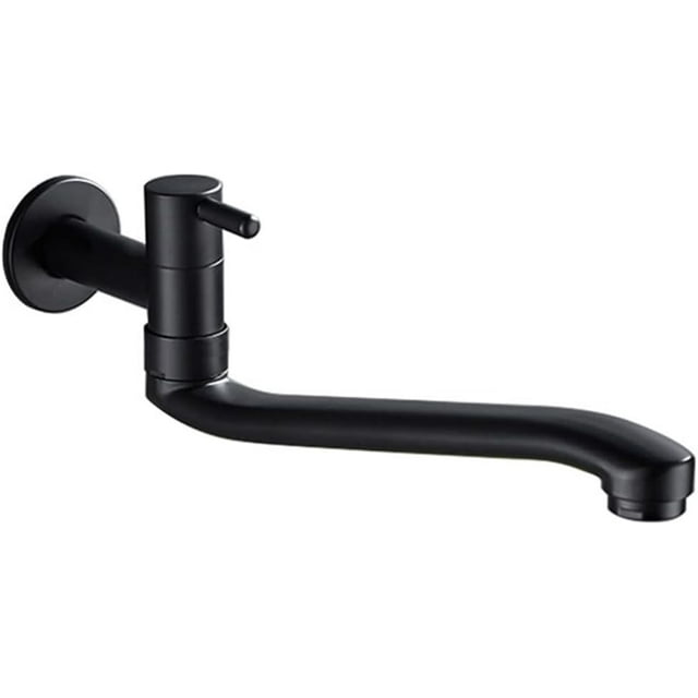 Wall-Mounted Single Cold Water Faucet in Black for Bathroom Sinks, Mop Pools, with Extended Rotation Function(12.2inch)