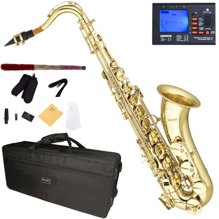 Mendini by Cecilio Bb Tenor Saxophone with Tuner, 10 Reeds, Mouthpiece and Case, MTS-L Gold