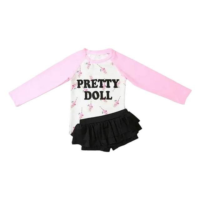 Sunnyoo Toddler Girls Swimwear Long Sleeve Rash Guard Skort Quick Drying 2-Piece Swimsuit