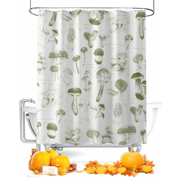 Retro Shower Curtain Set ,Waterproof Fabric Shower Curtains Fall Plant Sage Green Mushroom Pattern Shower Curtains for Bathroom,Bathroom Decor 36"x72"
