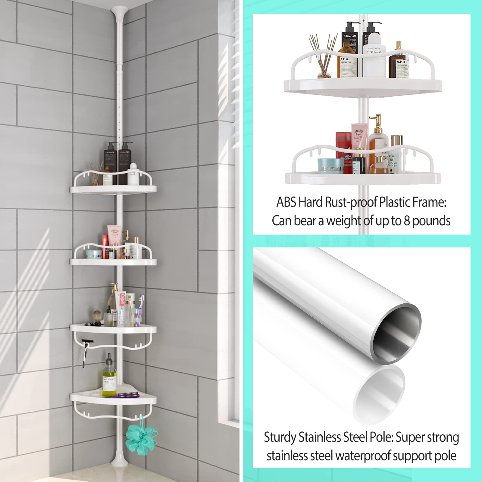 Shower Caddy Corner, Rustproof ABS Shower Organizer Corner with 32-125 inch Steel Poles, No Drill Shower Shelf, Corner Shower Caddy Tension 4 Shelves, White