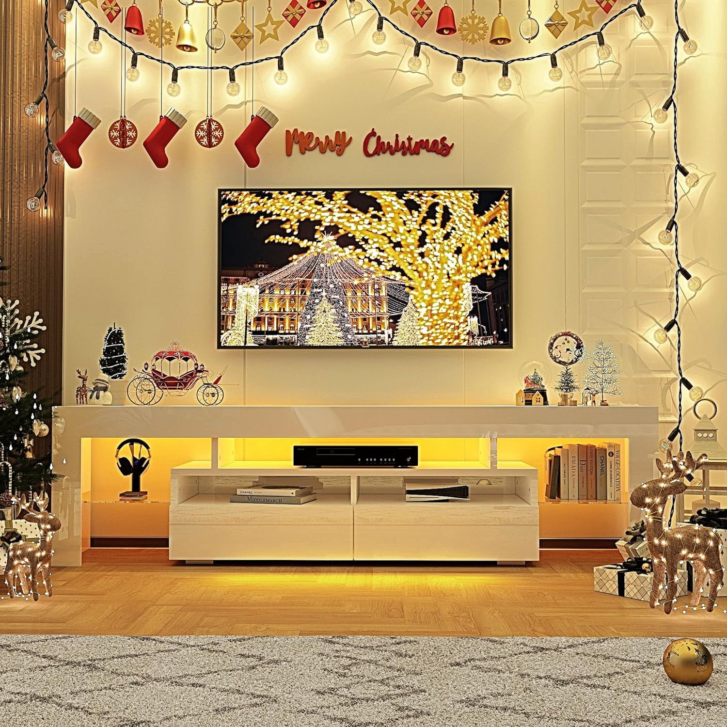 ChVans LED TV Stand for 65/75/85 inch TV, High Glossy Modern Entertainment Center with Drawer and LED Lights(White)