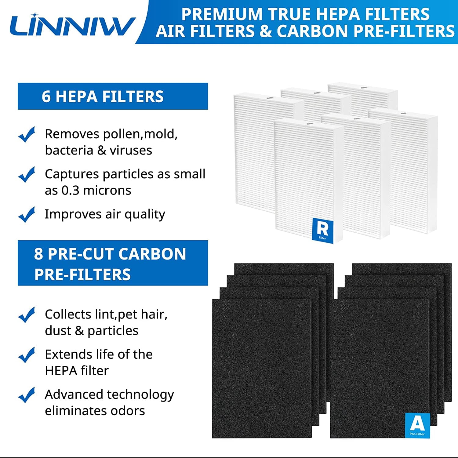 HPA300 HEPA Filter  for   Purifiers, 6 Pack True HEPA + 8 Carbon Pre-Filters, Compatible with HPA300/200/100 Series