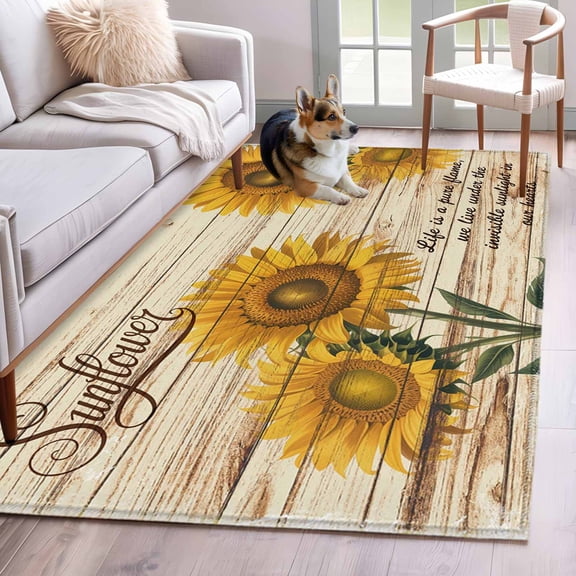 Vintage Sunflower Area Rugs 3'x5', Washable Small Throw Rugs for Living Room Bedroom, Flowers Botanical Wooden Retro Art Indoor Outdoor Rug Non-Slip Low Pile Carpet Runner Reversible Floor Mats