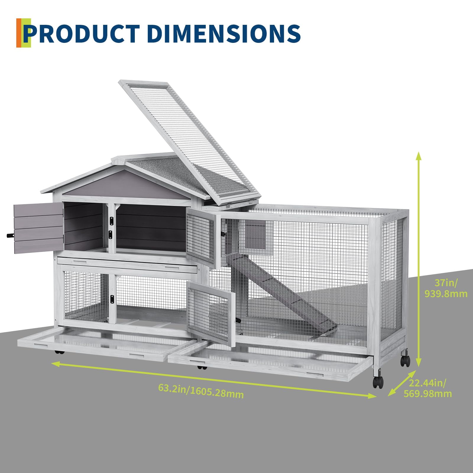BouPower 2-Tier Rabbit & Chicken House with Wheel, Weatherproof Outdoor/Indoor Pet Cage with Non-Slip Ramp, 4 Access Doors & Pull-Out Tray for Rabbits, Guinea Pigs, Ferrets