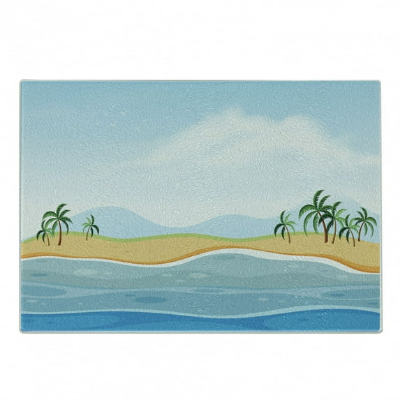 Graphic Beach Cutting Board, Landscape Illustration with Rippling Ocean and Palm Trees Panorama, Decorative Tempered Glass Cutting and Serving Board, in 3 Sizes, by Ambesonne