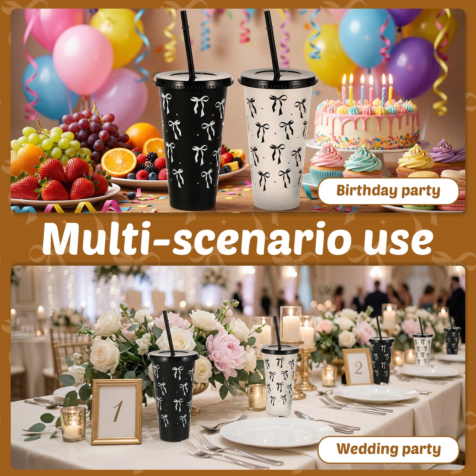 24 Pcs 24oz Bow Plastic Cup with Lid Straw and Ribbon Reusable Tumbler for Birthday Wedding Baby Shower Bridal Party Black