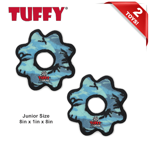 Tuffy Jr Gear Ring Camo Blue, 2-Pack, Durable Plush Squeaky Dog Toys