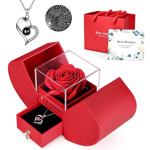YJYJHOPE Valentine's Birthday Gifts for Women, Preserved Red Rose with I Love You Necklace in 100 Languages, Gifts Idea for Her Girlfriend W