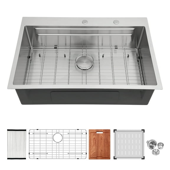 33×22×10 inches Brushed Nickel 16 Gauge Stainless Steel Kitchen Drop-in Topmount Single Basin Sink, Stainless Steel Ledge Workstation Kitchen Sink
