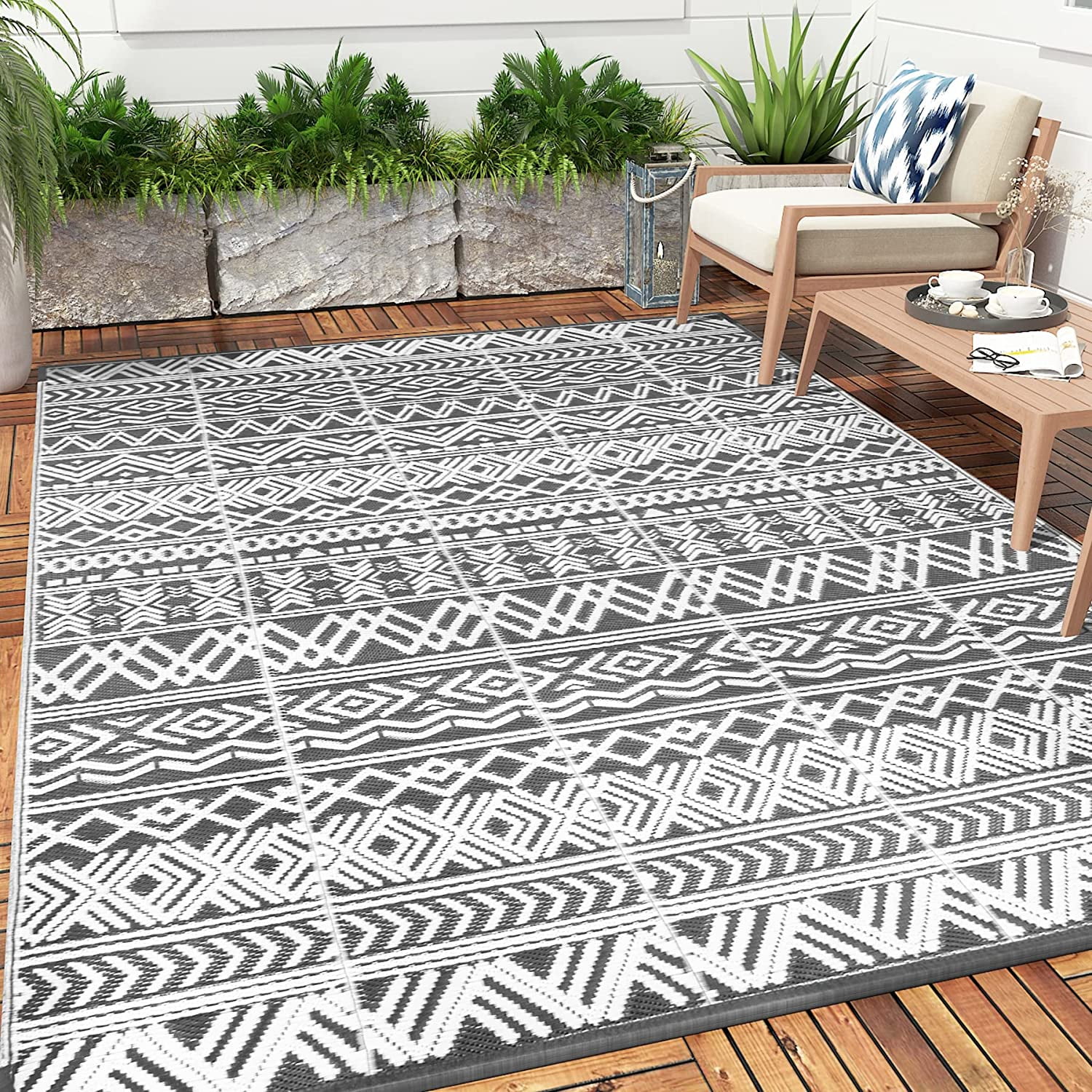 MontVoo-Outdoor Rug Carpet for Patio RV Camping 6x9ft Waterproof Reversible Portable Plastic Straw Rug Outside Indoor Outdoor Area Rug Mat for Patio Clearance Decor Balcony Picnic Geometric Boho Rug 
