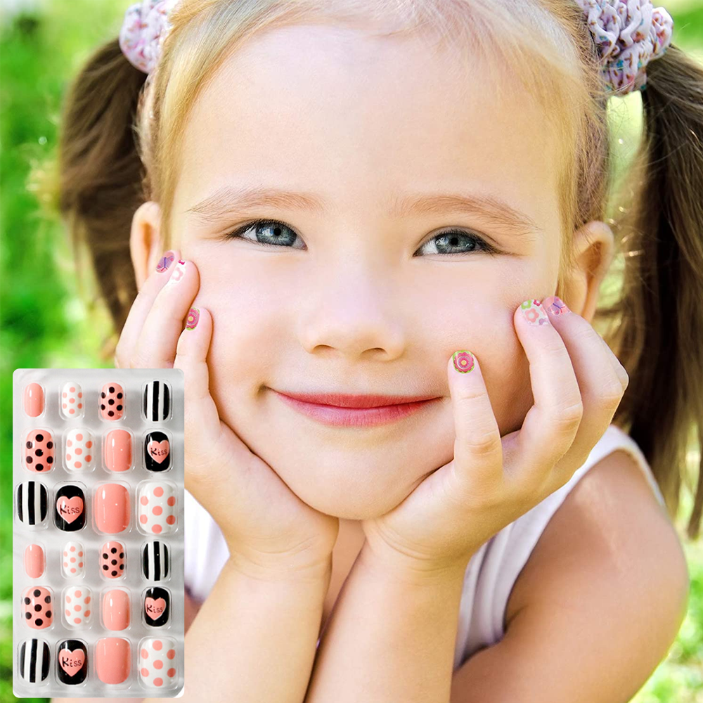 24 Pieces Kids Press on Nails Grils Children Fake Nails Artificial False  Nail Tips Pre Glue Short Acrylic Nails for 9-12 Years Old | Wish