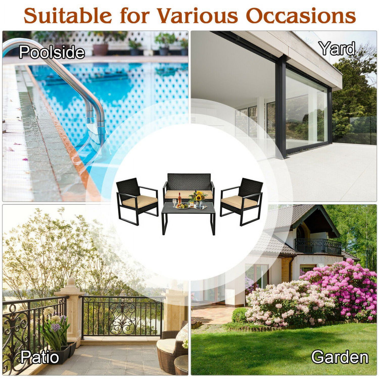 Aimee Lii 4 Pieces Wicker Patio Furniture Set, Cushioned Sofa, Small Patio Set with Square Tea Table Aimee Lii 4 Pieces Wicker Patio Furniture Set, Cushioned Sofa, Small Patio Set with Square Tea Table