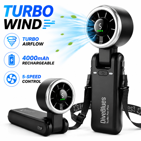 Diveblues Portable Handheld Fan, Rechargeable Turbo Mini Fan with 4000mAh Battery, 5 Speed Foldable Personal Cooling Fan with LED Display for Travel Outdoor Office