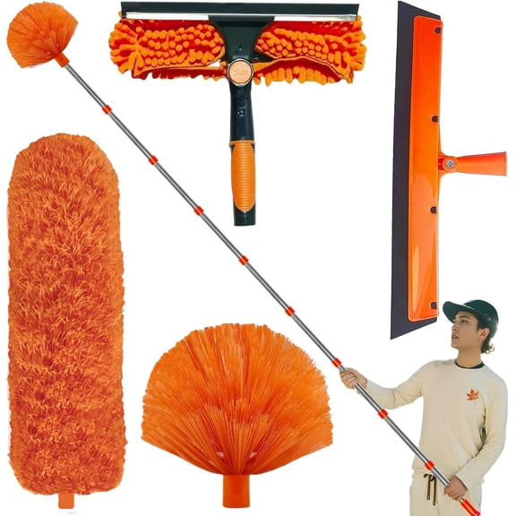 20  Feet High Reach Duster Kit with 3-14 ft Extension Pole High Ceiling Dusting and Window Cleaning Kit with Spliceable Pole - Window Washer & Squeegee, Cobweb Duster, Fan Blade and Feather Dusters
