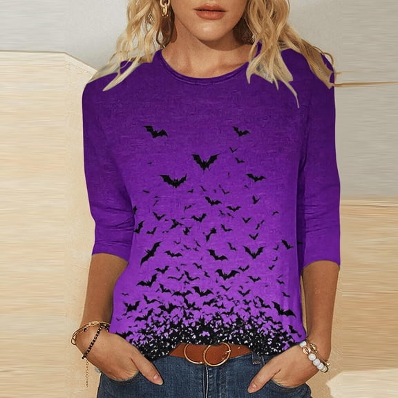 NSLGXD Plus Size Women's Tshirts 3/4 Sleeve Crew Neck Black Bats Print Spooky Halloween Lightweight Tees S-5XL