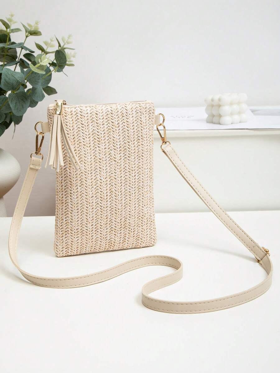 Mini Crossbody Bag For Women, Handwoven Cross-Body Bag, Solid Color Portable Handbag, French Casual Tassel Decor Bag, Large Capacity Multi-Function Zipper Shoulder Strap Bag, Travel Shopping Bag