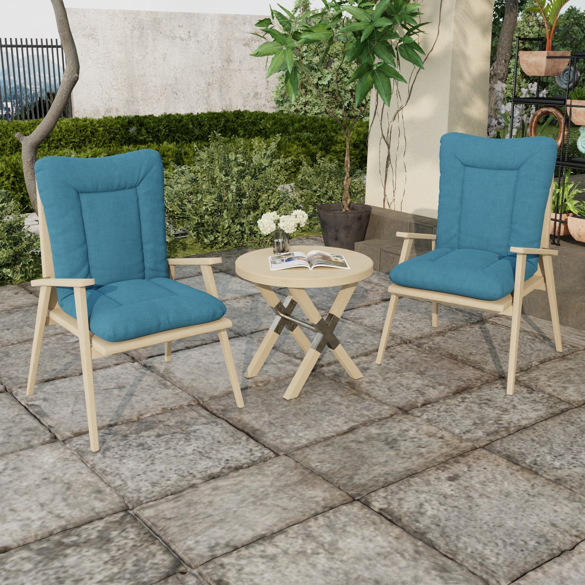 Jordan Manufacturing 38" x 21" Celosia Legion Blue Crosshatch Rectangular Outdoor Wrought Iron Chair Cushion with Ties and Hanger Loop