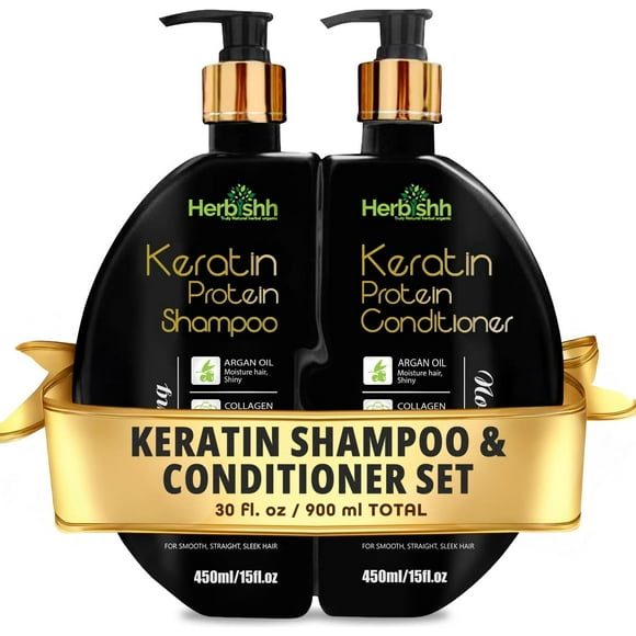 Herbishh Ensemble de Shampooing et Revitalisant à la Kératine - Shampooing Hydratant et Revitalisant Nourrissant pour Cheveux Secs et Abîmés - Sans Sulfate - à Base de Plantes - Ensemble de 2