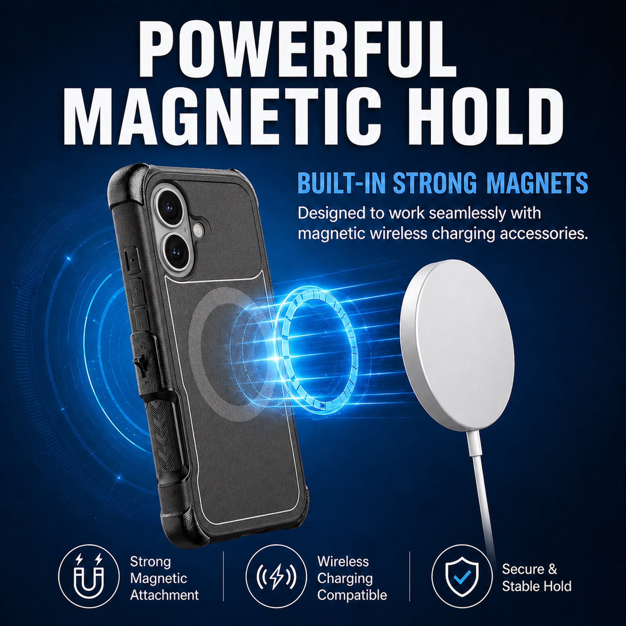 Hybrid Rugged Case with Detachable Belt Clip Holster and Tempered Glass Screen Protector, Magnetic Charging-Compatible, Black, Compatible with iPhone 16