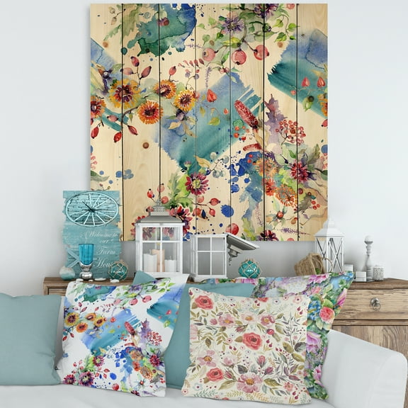 Designart 'Wildflowers and Vibrant Wild Spring Leaves IX' Modern Print on Natural Pine Wood