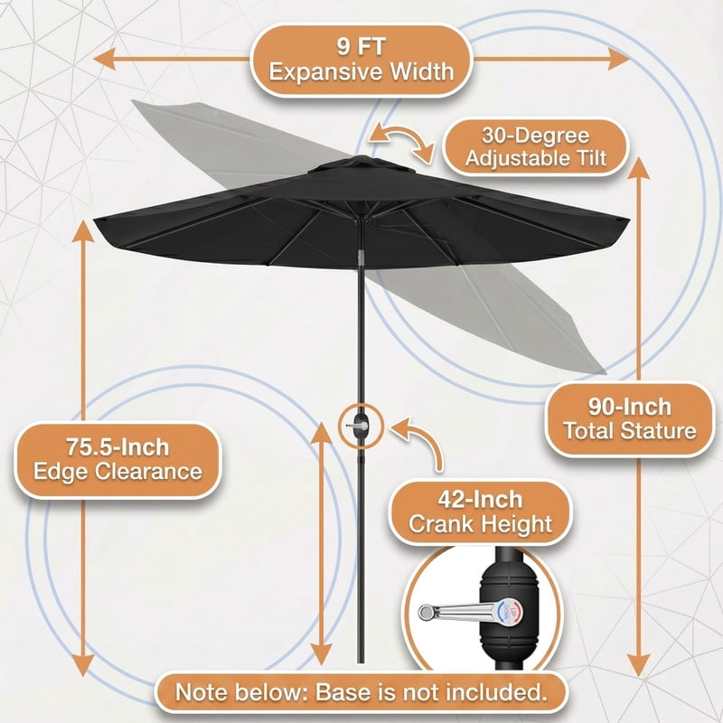 Lacoo 9' Outdoor Patio Umbrella, Market Table Umbrella with Push Button Tilt, 8 Heavy-Duty Steel Ribs & Wind Vents, Black