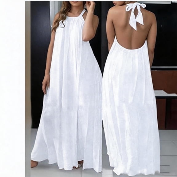 Zynoxe Backless Dress Women Summer Halter Neck Maxi Dress Solid Color Sleeveless Smocked Flowy Beach Vacation Long Dresses for Women White S