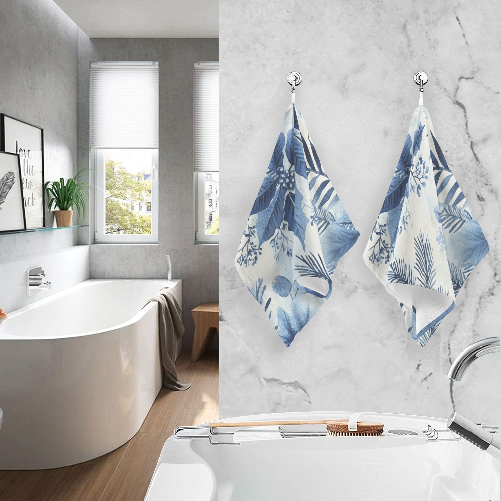 Blue Leaves and Flowers Hand Towels Cotton Bath Towels Large Face Towels Absorbent for Bathroom 2 Packs