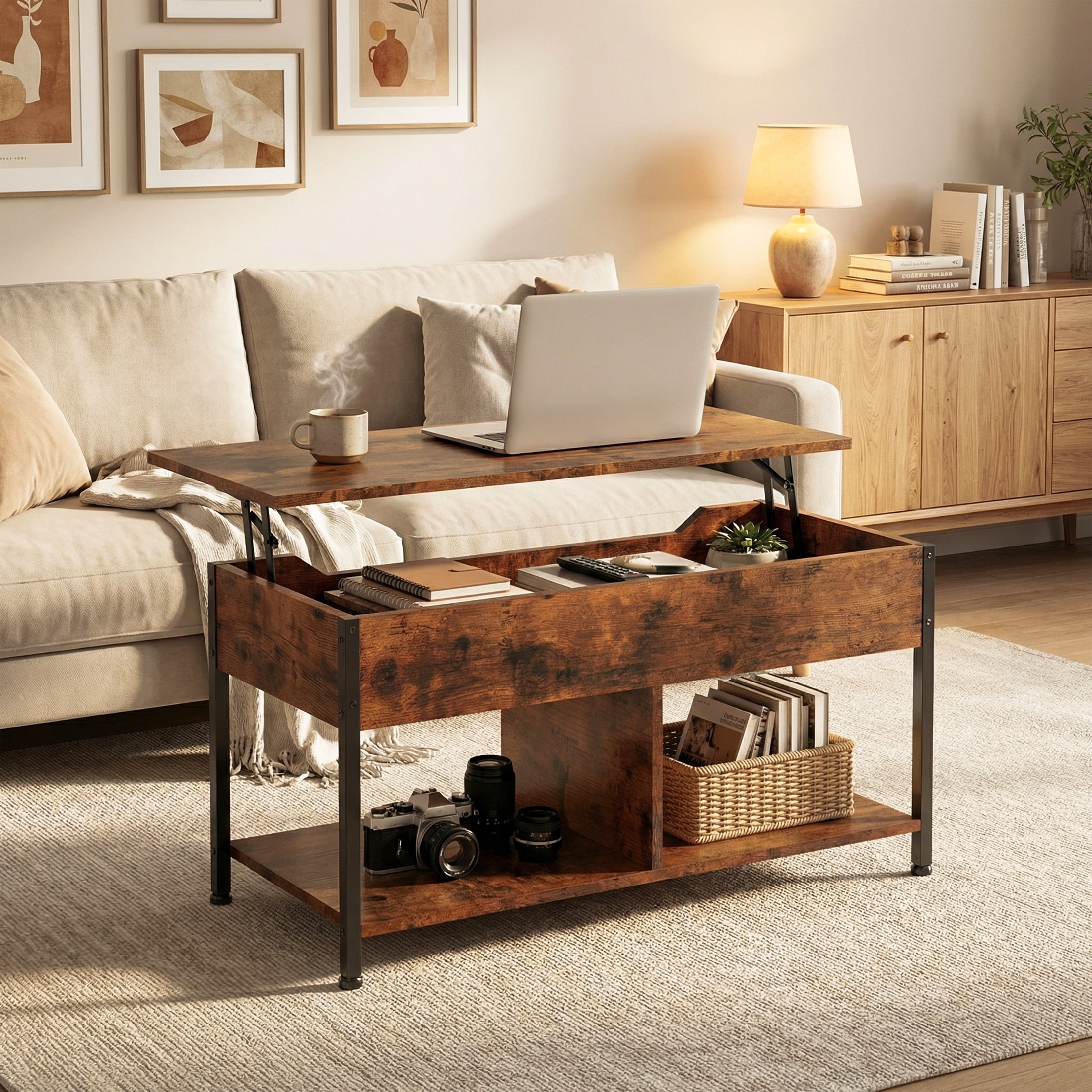 EDX Lift-Top Coffee Table, Adjustable Height Convertible Center Table with Storage, for Living Room, Rustic Brown