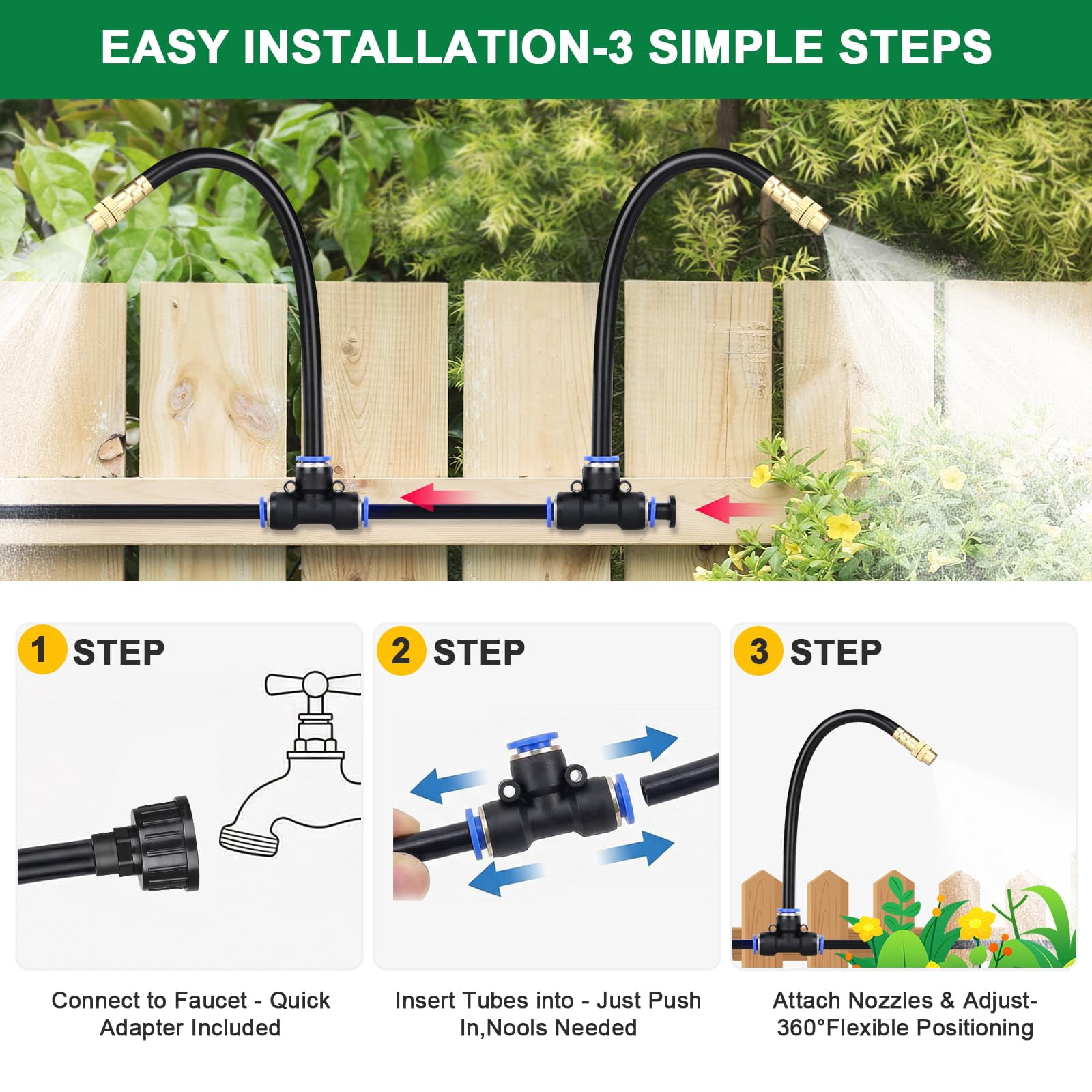 Drip Irrigation System  2026-upgrade 200ft 1/4" Garden Watering With 40 360° Adjustable Copper Nozzles Diy Kit For Lawn Greenhouse Raised Beds & Outdoor Plants
