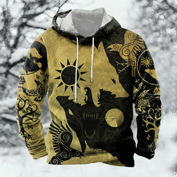 KANG European Medieval Norse Mythology Hooded Retro Casual Printed Hooded Sweatshirt