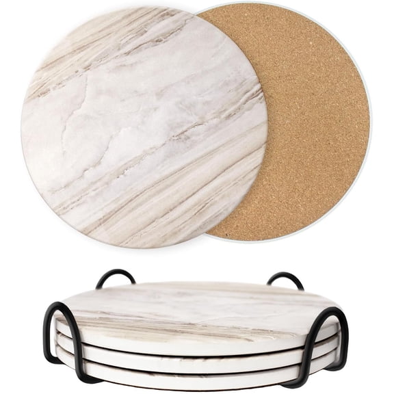 8 Inch Trivets for Hot Dishes, Pots and Pans, Marble Style Ceramic Trivet with Holder, Absorbent Heat Resistant Hot Pads with Cork Bottom Anti-Slip, for Countertops, Table, Home Essentials, Set of 3