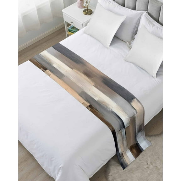 Xipuska Grey Brown Abstract Bed Runners for Cal King Size Bed, Decorative Bed Throws for Foot of Bed, Oil Painting Color Blocks Bed Runner Sofa Throw Bedding Scarf Protector Slipcover for Bedroom