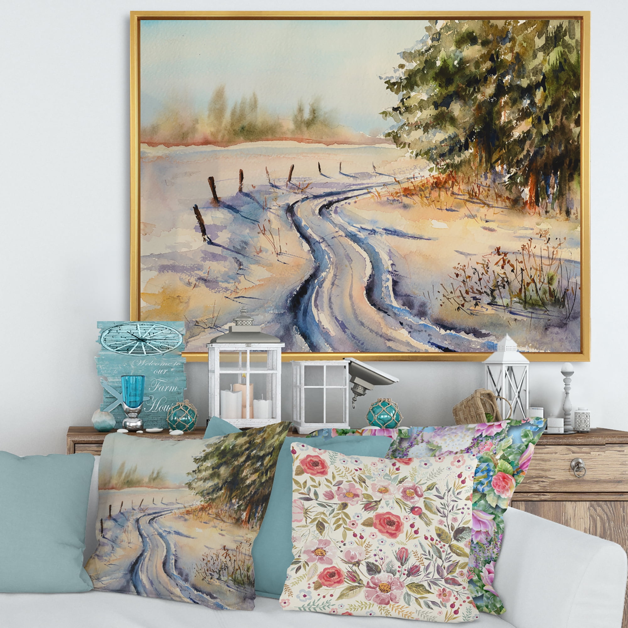 Designart 'Snowy Winter Forest Landscape Rural Road In Snow' Traditional Framed Canvas Wall Art Print