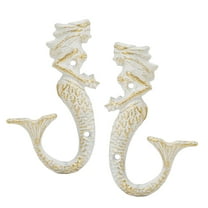 Sungmor Set of 2 Cast Iron Mermaid Wall Hooks, Vintage Rustic Wall Key Coat Hanger, Beach Nautical Theme Bathroom Decorative Towel Hooks, Antique White Mermaid Wall Decor