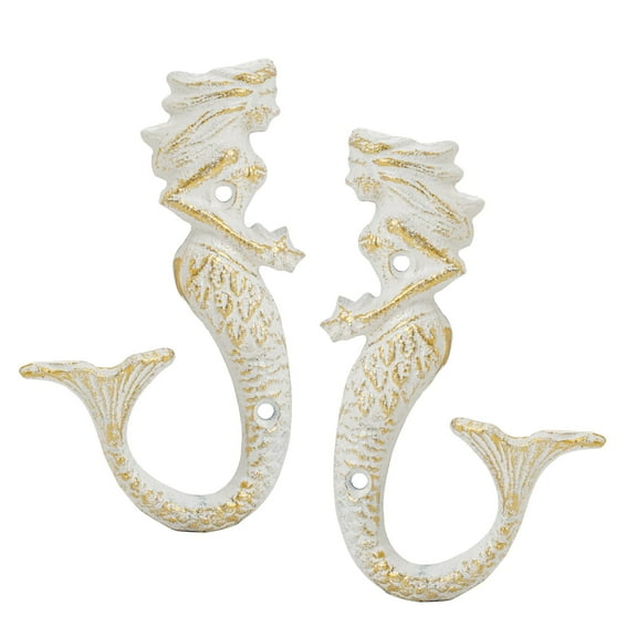 Sungmor Set of 2 Cast Iron Mermaid Wall Hooks, Vintage Rustic Wall Key Coat Hanger, Beach Nautical Theme Bathroom Decorative Towel Hooks, Antique White Mermaid Wall Decor