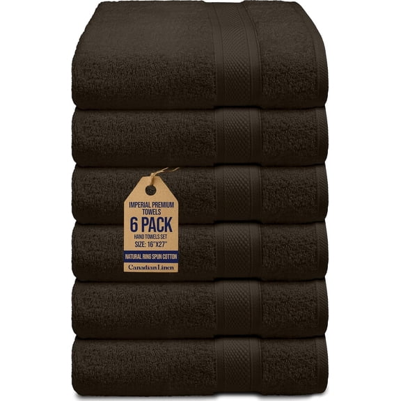 Canadian Linen Imperial Hand Towels Set, 16”x27”, 6 Pack, Soft Absorbent Cotton Lightweight Quick Dry Fingertip Towel for Kitchen, Massage, Gym, Brown