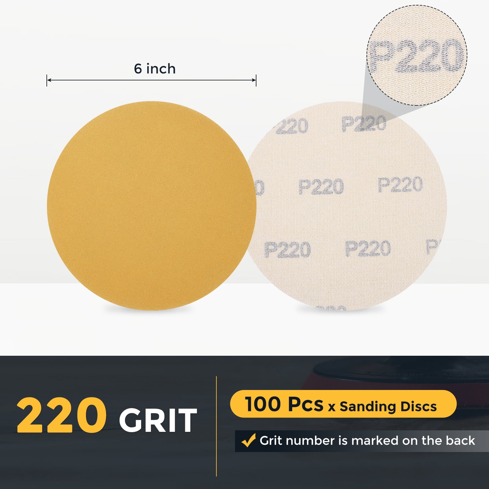 100 Pcs 6 Inch Sanding Disc 220 Grit Hook and Loop Sandpaper Random Orbital Sander Pads for Woodworking Automotive, Gold