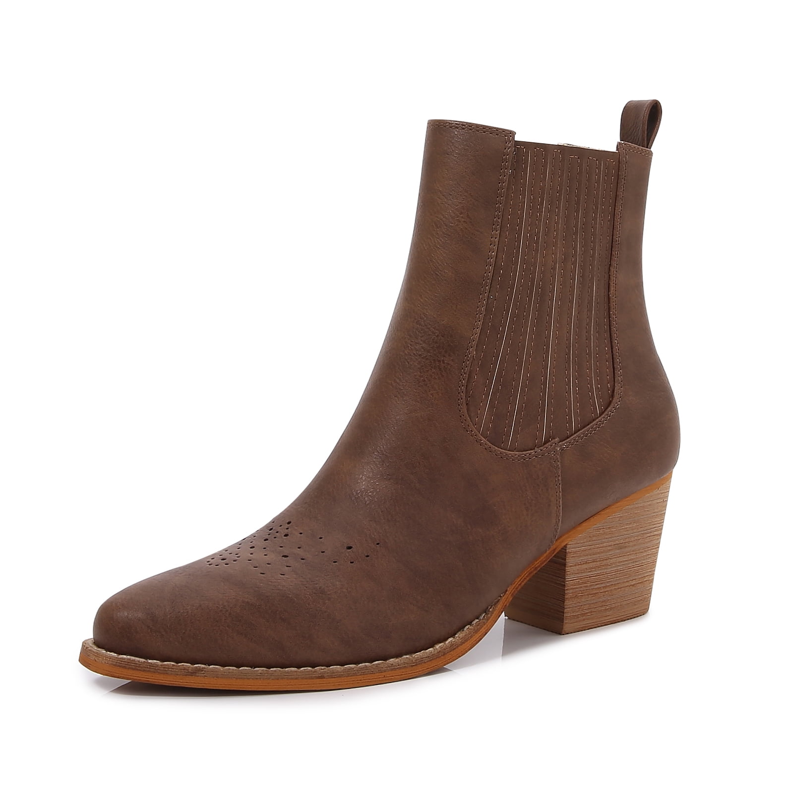 Women PU Leather Perforated Front Stacked Heel Ankle Boots with Elastic Side Gussets (Brown / 10)