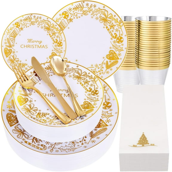 Ciaell 175 PCS Christmas Plates Disposable AFN1- Christmas Plastic Plates - Gold Christmas Dinnerware Set for 25 Guests Include 50 Gold Plate, 75Silverware, 25Cups, 25Napkins for Xmas Party