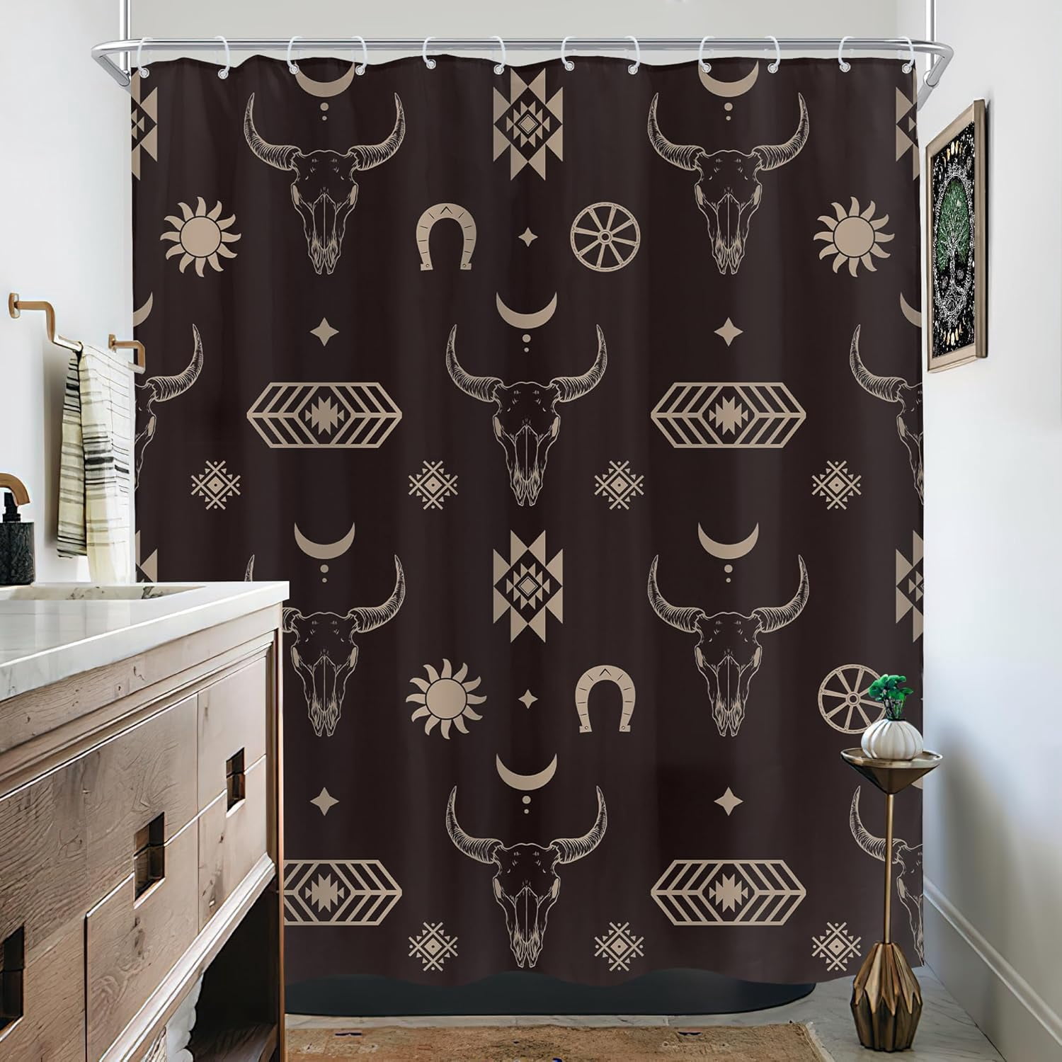Western Bull Skull Shower Curtain for Bathroom Decor 72Wx72H Inches Boho Longhorn Cow Head Southwestern Aztec Tribal Abstract Geometric Retro Black Fabric Waterproof Polyester 12 Pack Hooks