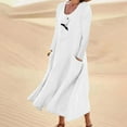 thumbnail image 2 of Robe en Coton et Lin pour Femmes Col Rond Imprimé Manches Longues Décontractée Ample Fluide de Vacances Longue avec Poches, 2 of 5