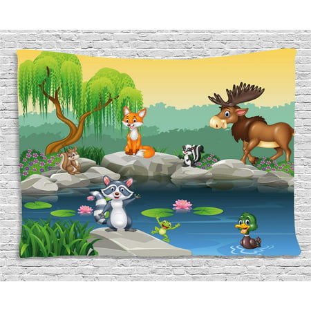 Cartoon Decor Tapestry, Funny Mascots Animals by the Lake Moose Fox Squirrel Raccoon Kids Nursery Theme, Wall Hanging for Bedroom Living Room Dorm Decor, 80W X 60L Inches, Multi, by Ambesonne